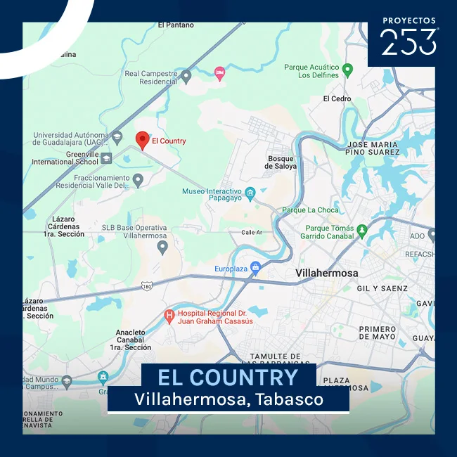 Ubicación de la zona Country en mapa de Villahermosa