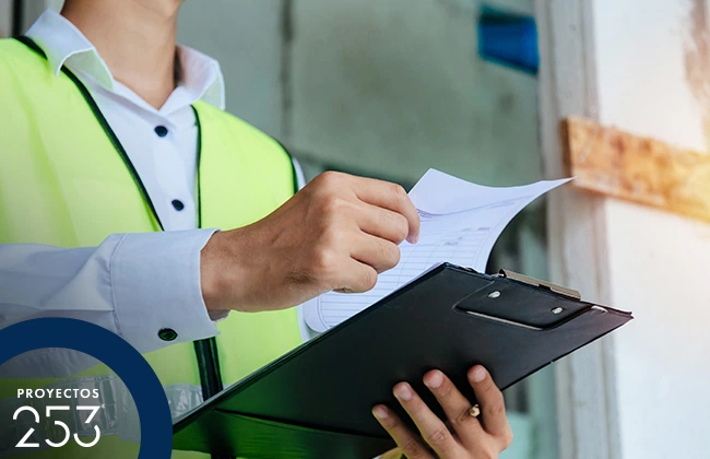 Supervisor sosteniendo un documento para la construcción de una casa